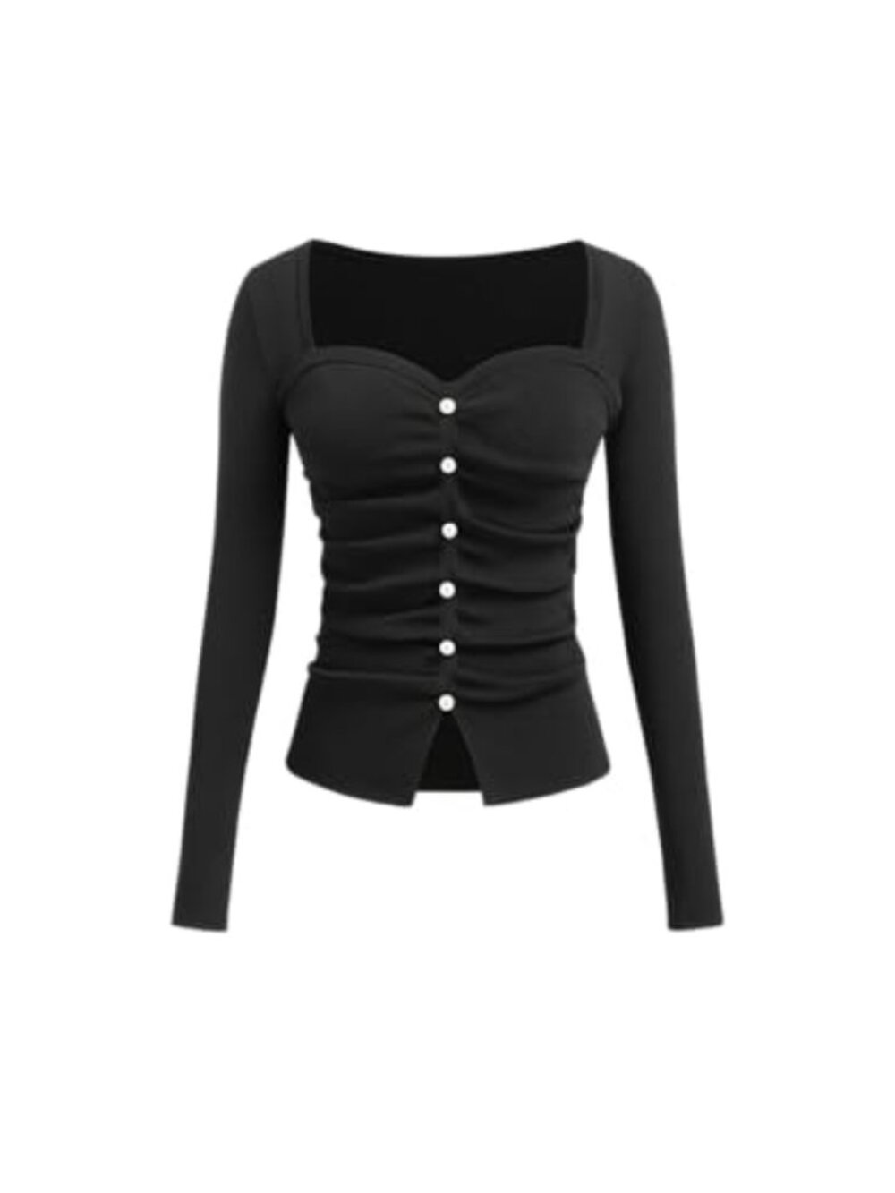 Faux Pearl Long Sleeve Square Neck Ruched Crop Top Going Out Trendy